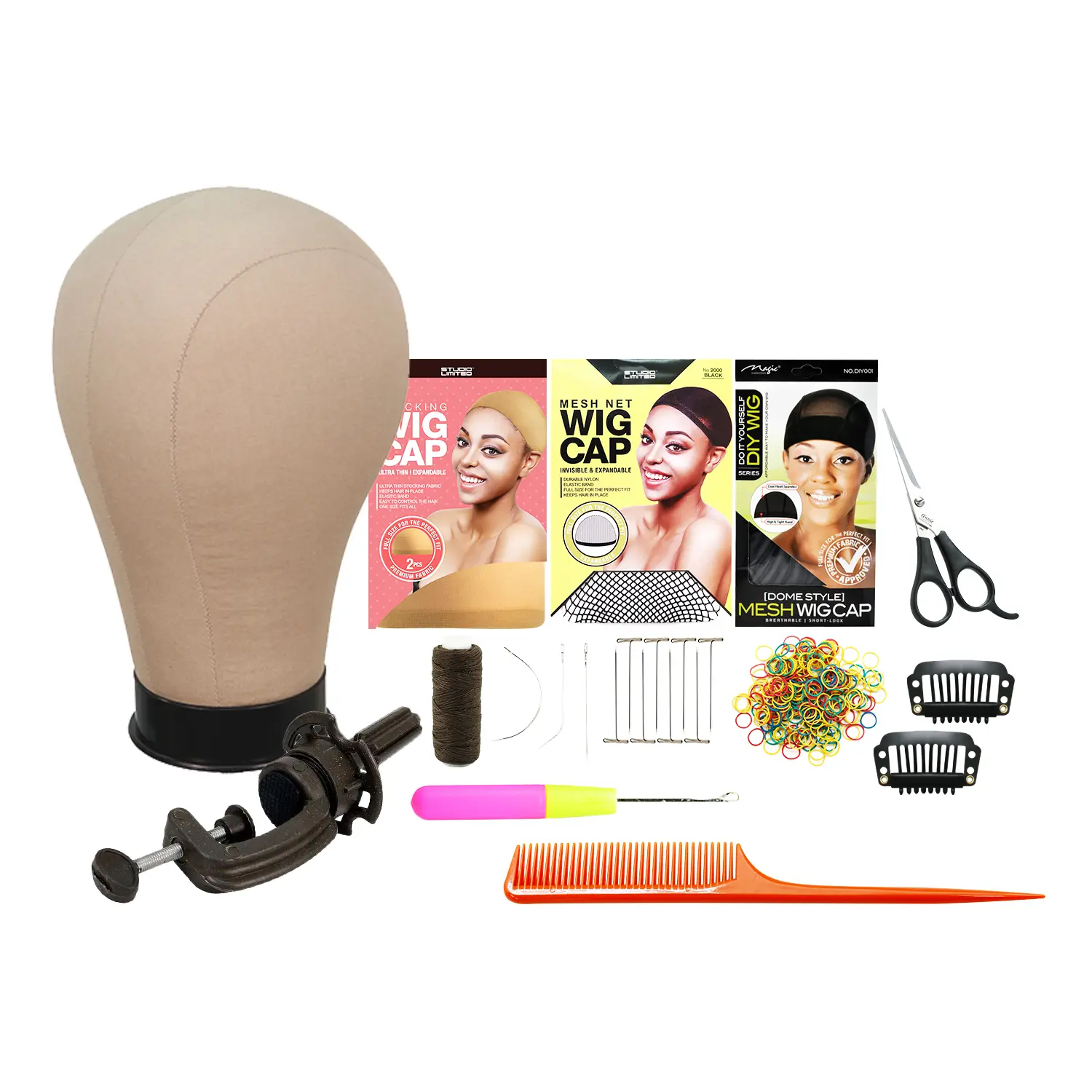 Studio Limited 12-Piece Wig Making Kit with 24" Long Neck Canvas Block Head, Includes Crochet Needle, Rubber Bands & Dome Mesh Wig Cap, Mannequin Head, Stocking Wig Cap