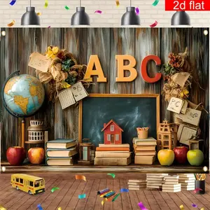 1PC Polyester Flat 2D ABC Vintage School-Style Banner, Reusable Wall Hanging Backdrop with ABC Letters, Books, Fruit Elements, Party Decoration Supplies for Back-to-School Photography, Birthday Photo Booth,summerwins