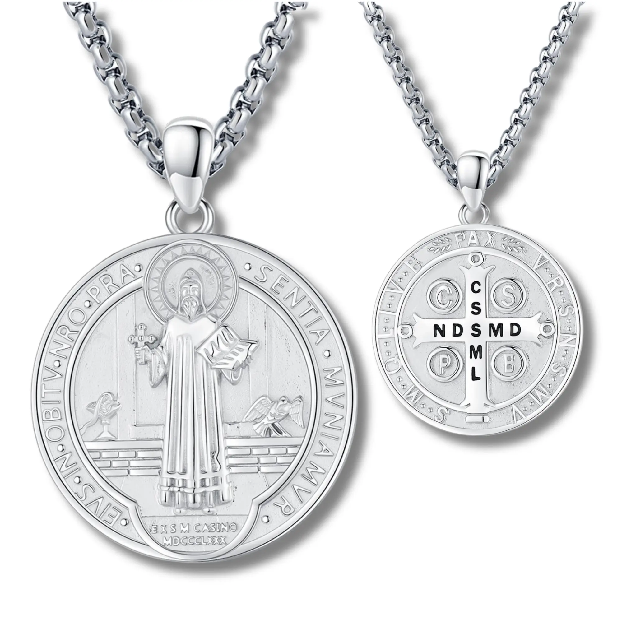 DRINSPER Collar de Plata 925 de San Benito, Saint Benedict Protection Necklace, Latin Inscription in Cross with Religious Symbolism, Prayer Abbreviations (CSSML, NDSMD), Cross Necklaces, Engraved Necklace