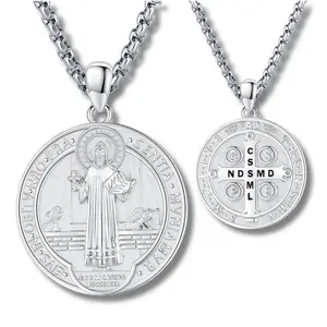 DRINSPER Collar de Plata 925 de San Benito, Saint Benedict Protection Necklace, Latin Inscription in Cross with Religious Symbolism, Prayer Abbreviations (CSSML, NDSMD)