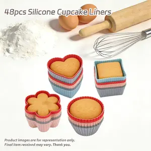 48pcs, Silicone muffin molds, Silicone Muffin Pan -reusable 4 shapes of non-stick small cake molds: round, flower, heart and square muffin pots, used for DIY to make baking snacks, cakes, puddings, chiffon, biscuit molds