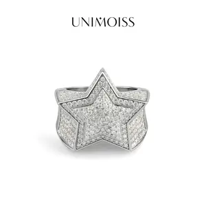 UniMoiss Bling Pentagram Ring Round VVS Moissanite Unisex Hip Hop Iced Out Stars Ring Band Perfect for Any Occasion & Everyday Wear Birthday Anniversary Mother's Day Gifts for Men Women
