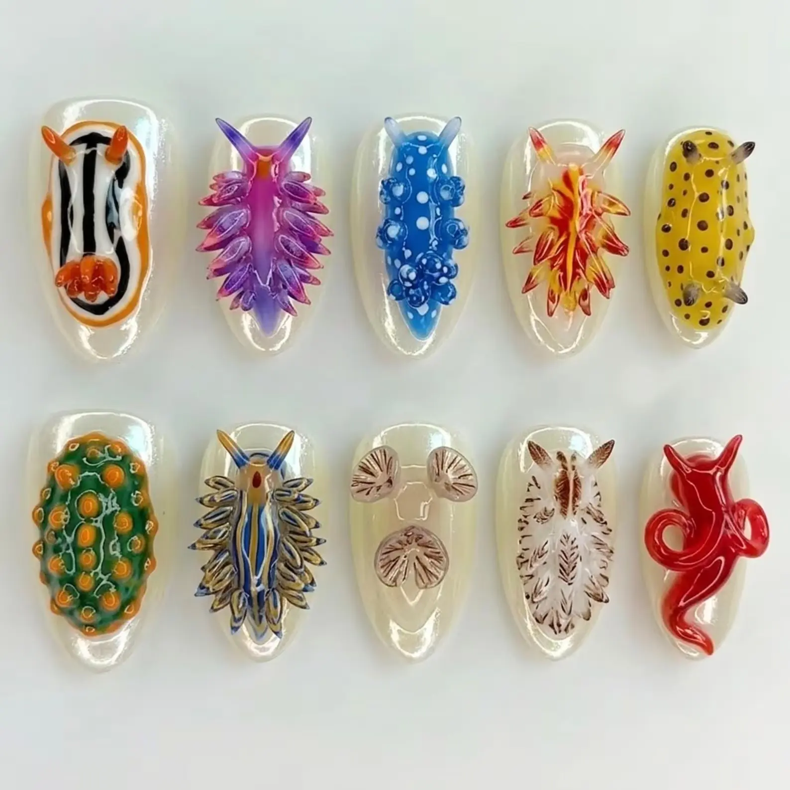 Handmade Nudibranch Ocean Press On Nails | 3D Colorful Sea Slug, Marine Creature & Jelly Texture Design Ocean press on nails