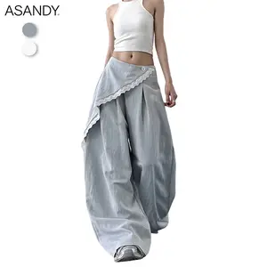 ASANDY White Wide-Leg Pants with Lace Detail High Waist Oversized Flowy Trousers Elegant Casual Y2K Aesthetic Hide Leg Fat Long Legs Effect Universal Fit Long Pants