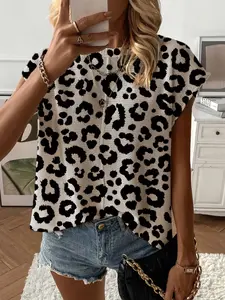 Summer Round Neck Short Sleeve Knit Top, Leopard Print Casual Wear Knitwear, Women's Loose Fit Sweater Womenswear, Perfect for Daily Use & Leisure