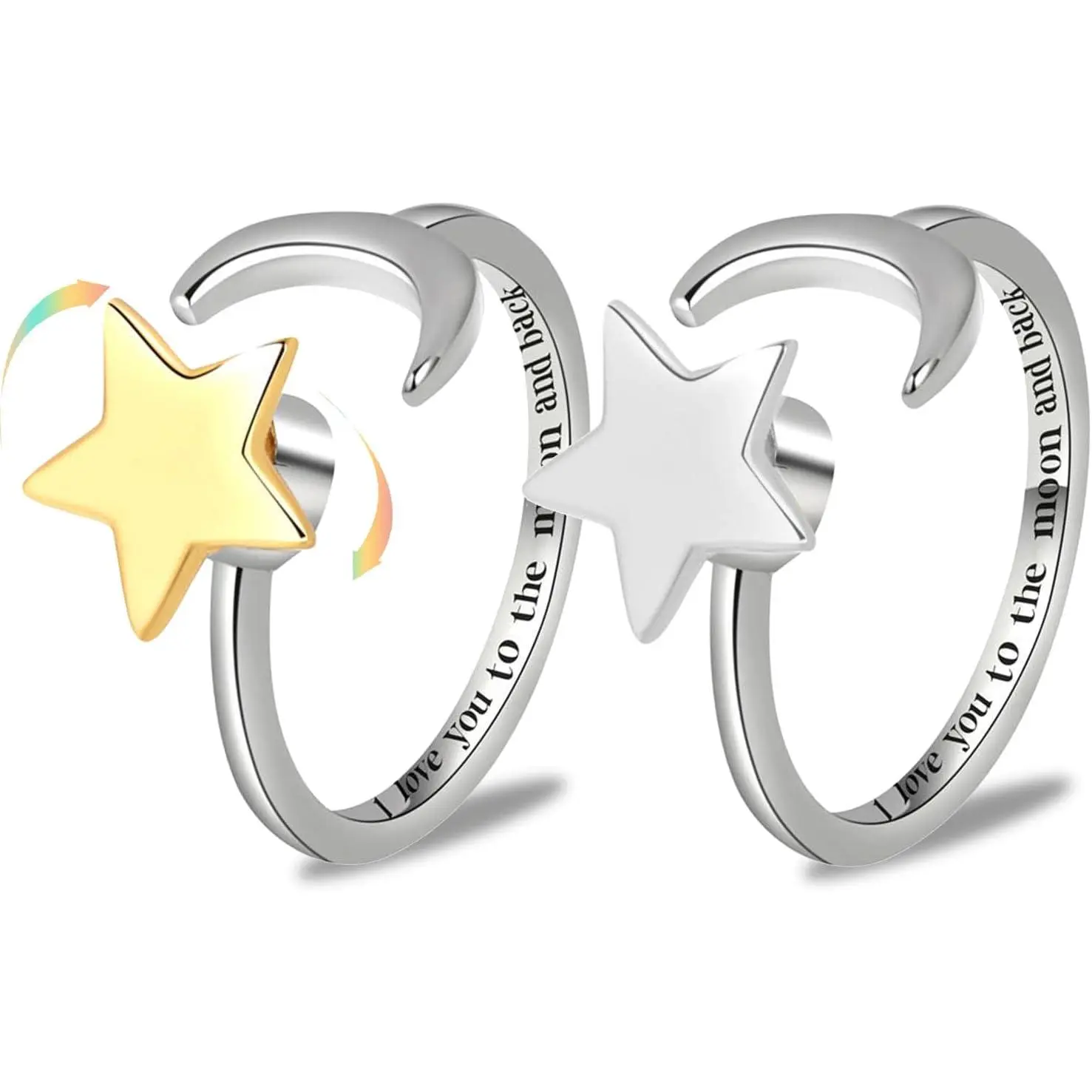 Fychuo Anxiety Ring Silver Rings for Women 2 Pack Fidget Ring I Love You Gifts for Her Engagement Rings Moonstone Adjustable Star Spinner Ring Promise Mood Ring for Kids