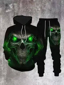 Men's Fall Winter Fashion Hoodie Set, 3D Skull Design, Long Sleeve, Fitted, All over Print, Sporty Style, Casual Streetwear