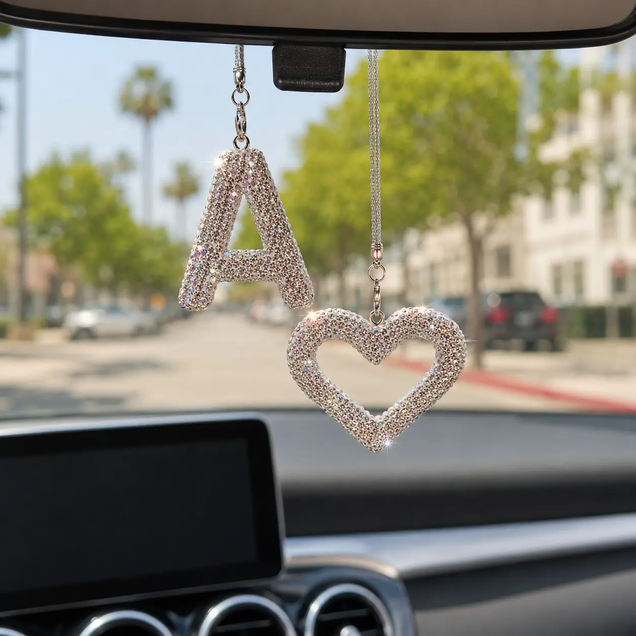 Letter Car Pendant, Sparkling Rhinestone Hollow Heart Rearview Mirror Charm, Personalized Name Initial Car Hanging Gift, Car Interior Accessory, Car Ornaments