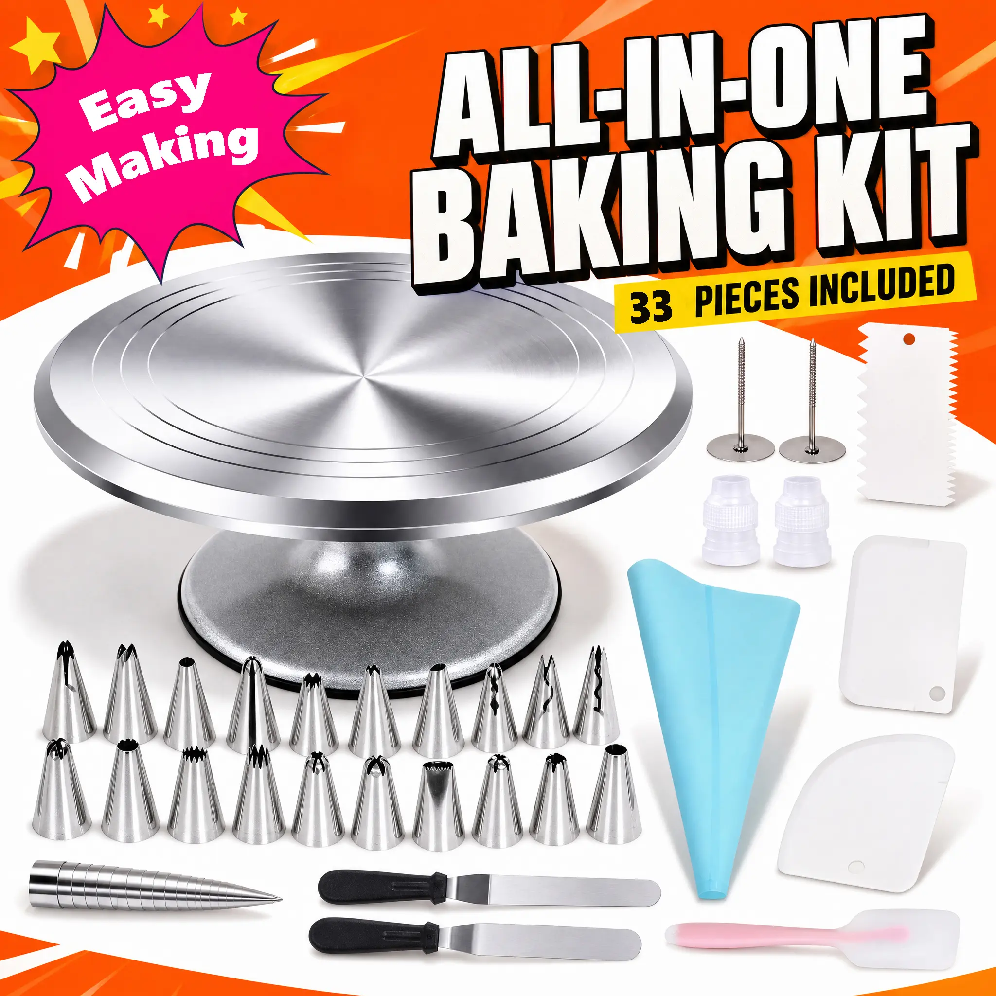 33PCS Cake Decorating Kit with 12 Inch Aluminum Cake Turntable, Baking Supplies Set, Icing Tools, Spatulas & Cake Scrapers