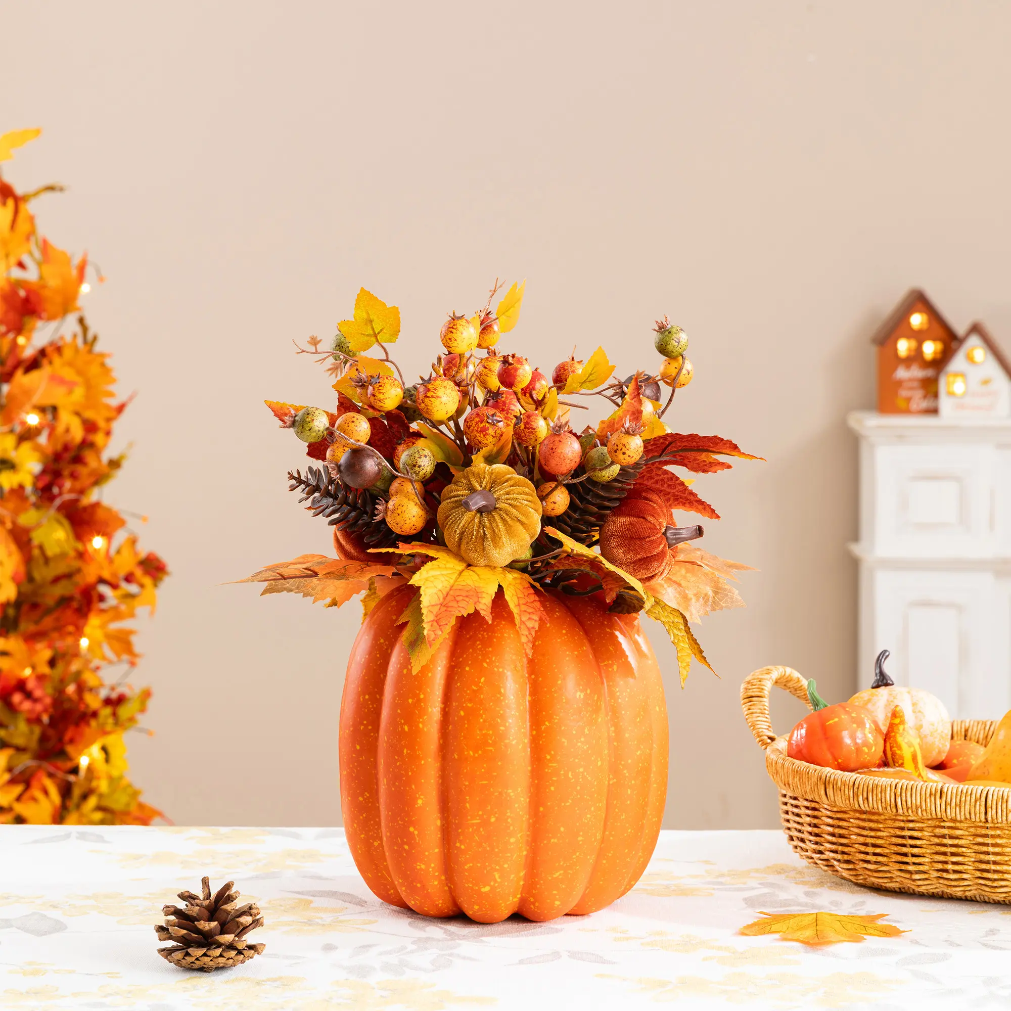 Glitzhome 15"H Fall Velvet Pumpkin, Pinecone & Berry Centerpiece - Home Decor for Kitchen Table, Ideal Holiday Gifts, Ornaments