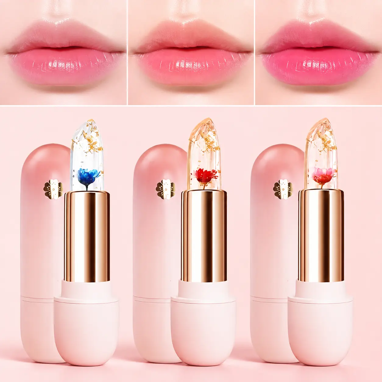 3Pcs Flower Jelly Color Changing Lipstick Set Waterproof Long Lasting Moisturizing Makeup Gold Foil Petal Hydrating Lip Tint Temperature Changing Transparent Cosmetic summeressentials