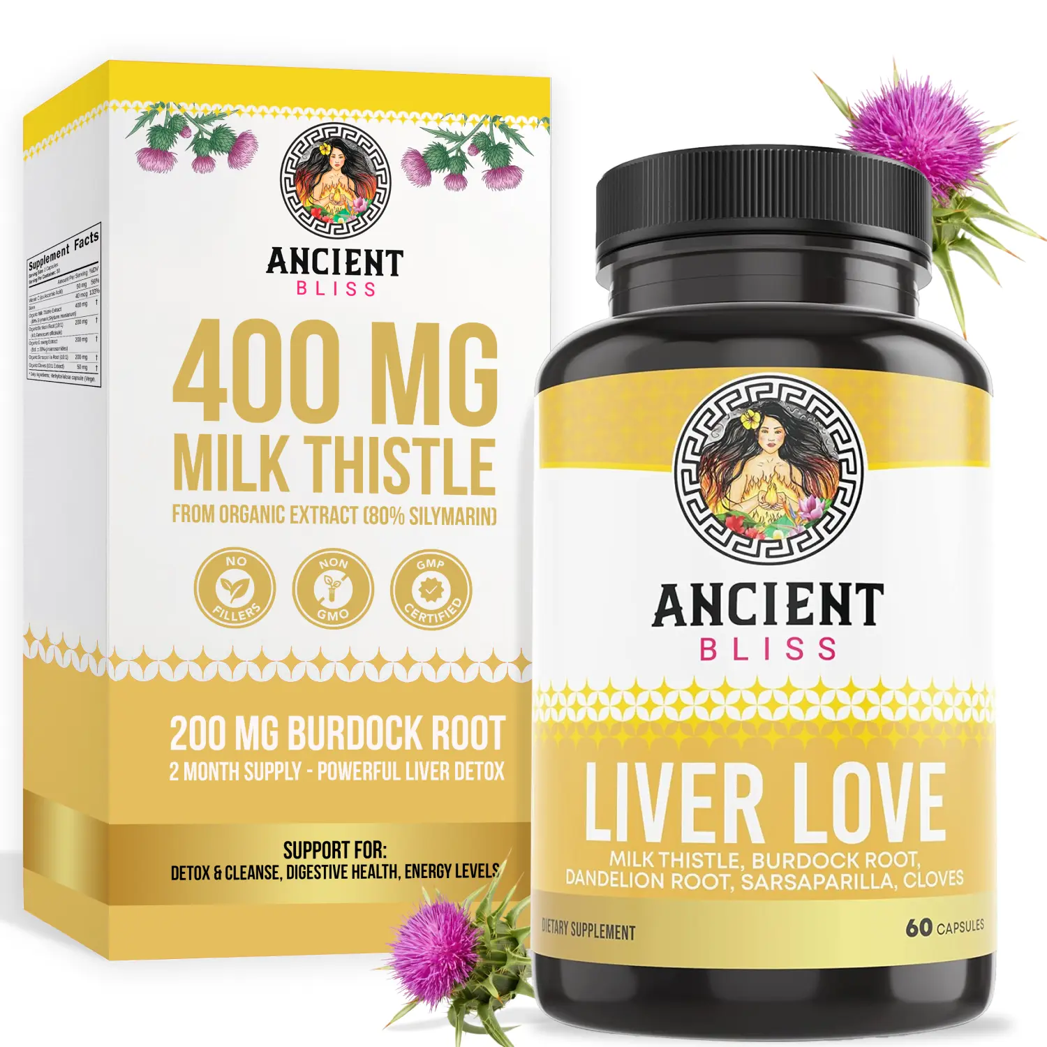 Ancient Bliss Liver Love Natural Organic Plant-Based Herbal Dietary Supplement - Ginseng, Milk Thistle, Burdock Root, Dandelion, Sarsaparilla, Cloves - 60 Vegetarian Capsules, Herbs, Botanical Extracts for Adult Liver Health Support, Plant Based Supplemen