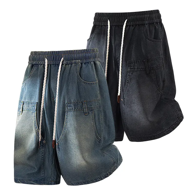 Men’s Lyocell Tencel denim shorts for summer—thin, vintage distressed look, wide-leg, fashionable mid-thigh length; niche design, versatile pants #SummerVibes