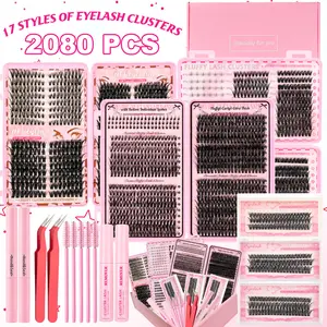 Lash Clusters Kit 2080Pcs Individual Cluster Lash Extensions Kit Wispy Natural Cat Eye 40D+50D+60D+80D+100D Wispy Eyelash Clusters with Lash Bond and Seal and Tweezers Remover Mixed Length 6 Styles Mix Lashes Clusters Kit for Beginners Makeup Cosmetic