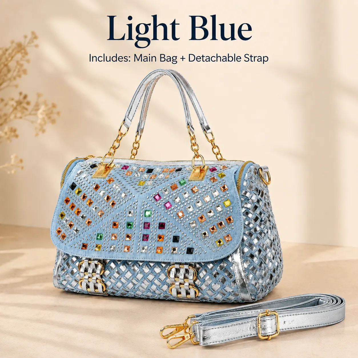 Women’s Silver Rhinestone Shoulder Bag, Woven Sparkly Top Handle Purse, Y2K Crossbody Bag for Party & Night Out