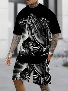 Men’s Praying Hands Graphic Tee & Shorts Set, Religious Inspired Print Casual Crew Neck T-Shirt with Matching Shorts, Streetwear 2-Piece Outfit for Summer #StreetwearSet #GraphicPrintSet #MensMatchingSet #SummerOutfit #TikTokFashion #ReligiousStyle #Casua