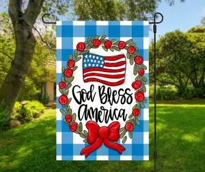 God Bless America Rose Wreath Garden Flag, Blue Gingham Country  Patriotic Yard Decor, July 4th 2026 Floral House Flag, Cottage  Patriotic Outdoor Decor