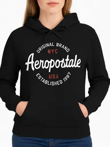 Aeropostale Black Hoodie With Nyc Usa Logo Print Casual Unisex Winter Fleece Hooded Long Sleeve Made In Usa