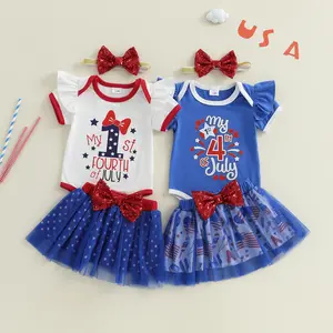 Newborn Baby Girl 4th of July Outfit Short Sleeve Letter Romper + Star/Flag Print Tutu Tulle Skirt + Headband 3 Pcs Independence Day Set