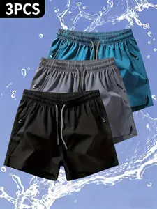 Men's Solid Color Sport Shorts Set of 3, Performance Shorts, Regular Fit, Zipper Drawstring, Perfect for Casual Daily Wear and Outdoor Sports