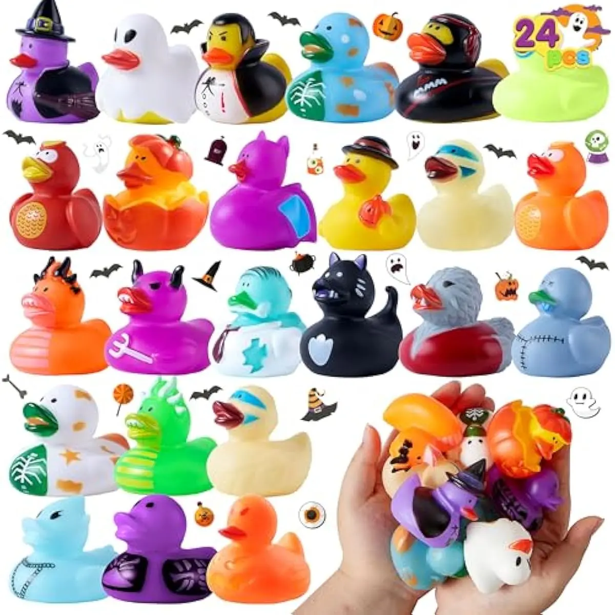 24 PCS Halloween Rubber Ducks, Halloween Ducks Toys for Trick or Treating Goodie Bag Fillers, Bathtub Toys Duckies for Halloween Party Favors Decorations, School Classroom Game Prizes