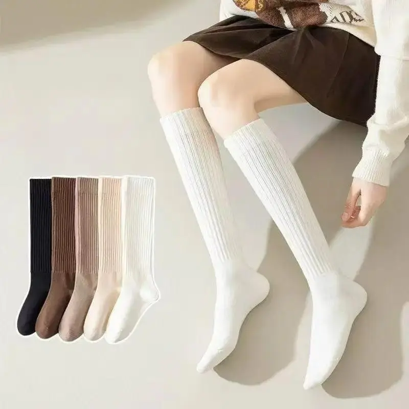 Women's 5-Pair Thick Cute Slim-Fit Solid Color Calf Socks with Side Stripes, Textured Casual Basic Fashion, Machine Washable Fall & Winter Boot-Matching Necessities, Thick Socks, Five Pairs