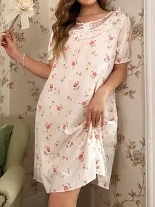 Women's Summer Cotton Sleepwear Round Neck Dress, Thin Cute Princess Style Casual Fitted Design, Ditsy Floral Pattern Spring & Fall Wear