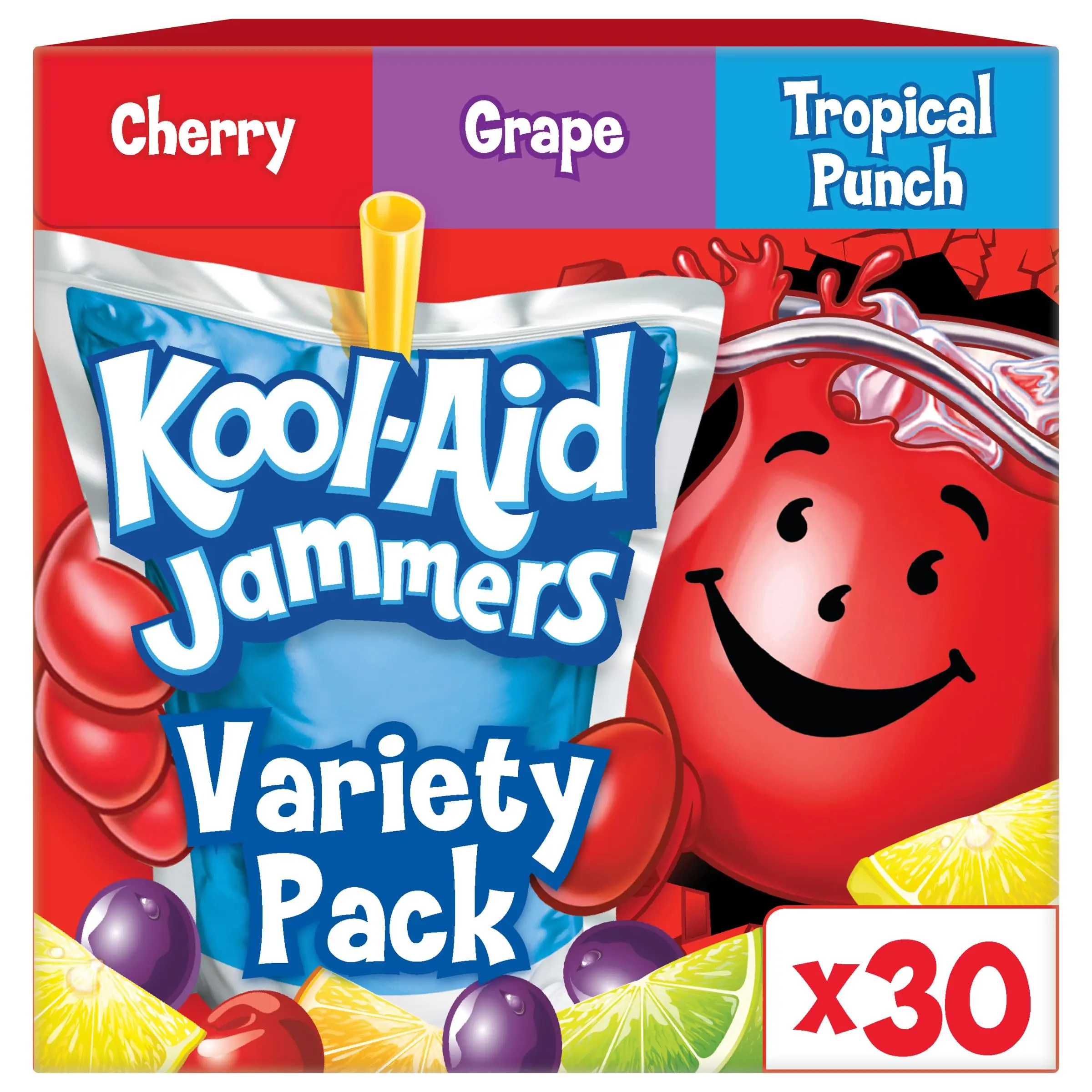 Kool-Aid Jammers Drink, 30 Pouches, for School Lunches and On-the-Go Hydration, Artificially Flavored Tropical Punch, Grape and Cherry Flavors, 6 fl oz