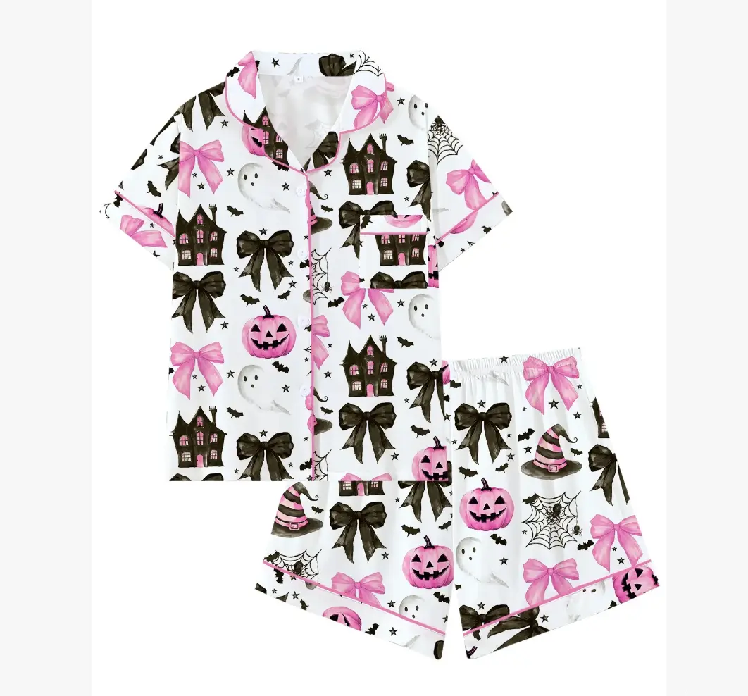 [Youth & Adult] Bundle Halloween Premium Satin Pajama Short and Long Set for Women and Kids, Horror Movie Character Satin Sleepwear, Casual Loungewear, Halloween Gift for Her, Halloween Party Outfit