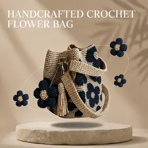Handmade Crochet Flower Tote Bag Cotton Yarn Boho Shoulder Purse Summer Beach Travel Shopping Gift For Women Girls Teens Students