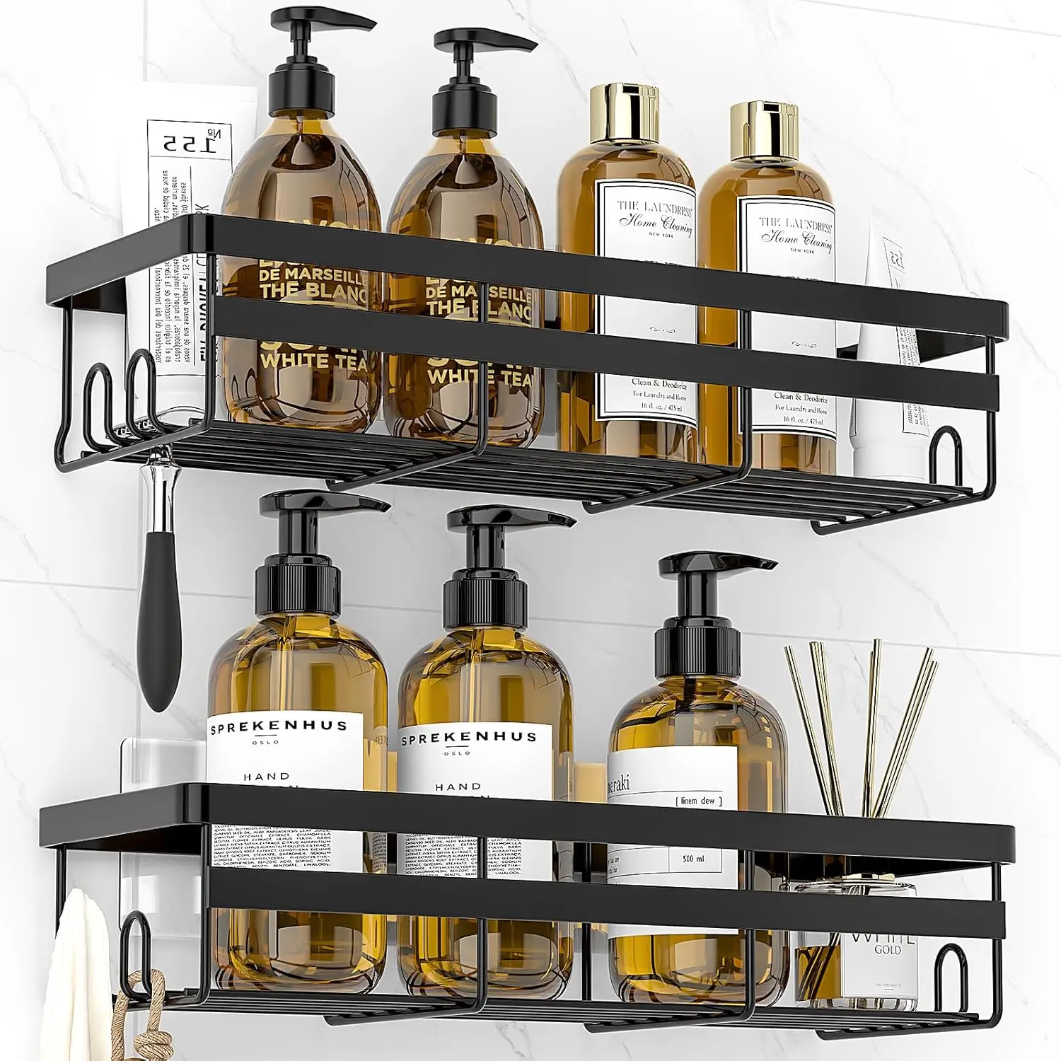 2-Pack Adhesive Shower Caddies - No-Drilling Stainless Steel Bathroom Storage Shelves - Hanging Organizers for Daily Accessories and Bathroom Decor