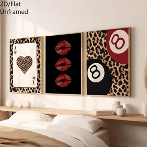 2D/Flat Set of Three Black and Red Panther Wall Art Canvas Painting Posters, Ace Cards Animal Print Leopard Cheetah Print Prints, Kissing Lips Poster, 8 Ball Print, 20th Century Aesthetic, Living Room Bedroom Modern Home Decor Painting, Without Frame
