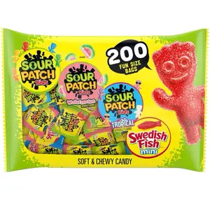 SOUR PATCH Kids and Swedish Fish Candy 200 pk - Soft & Chewy Candy in Fun Size Packaging - Snack, Sweet gummy mix