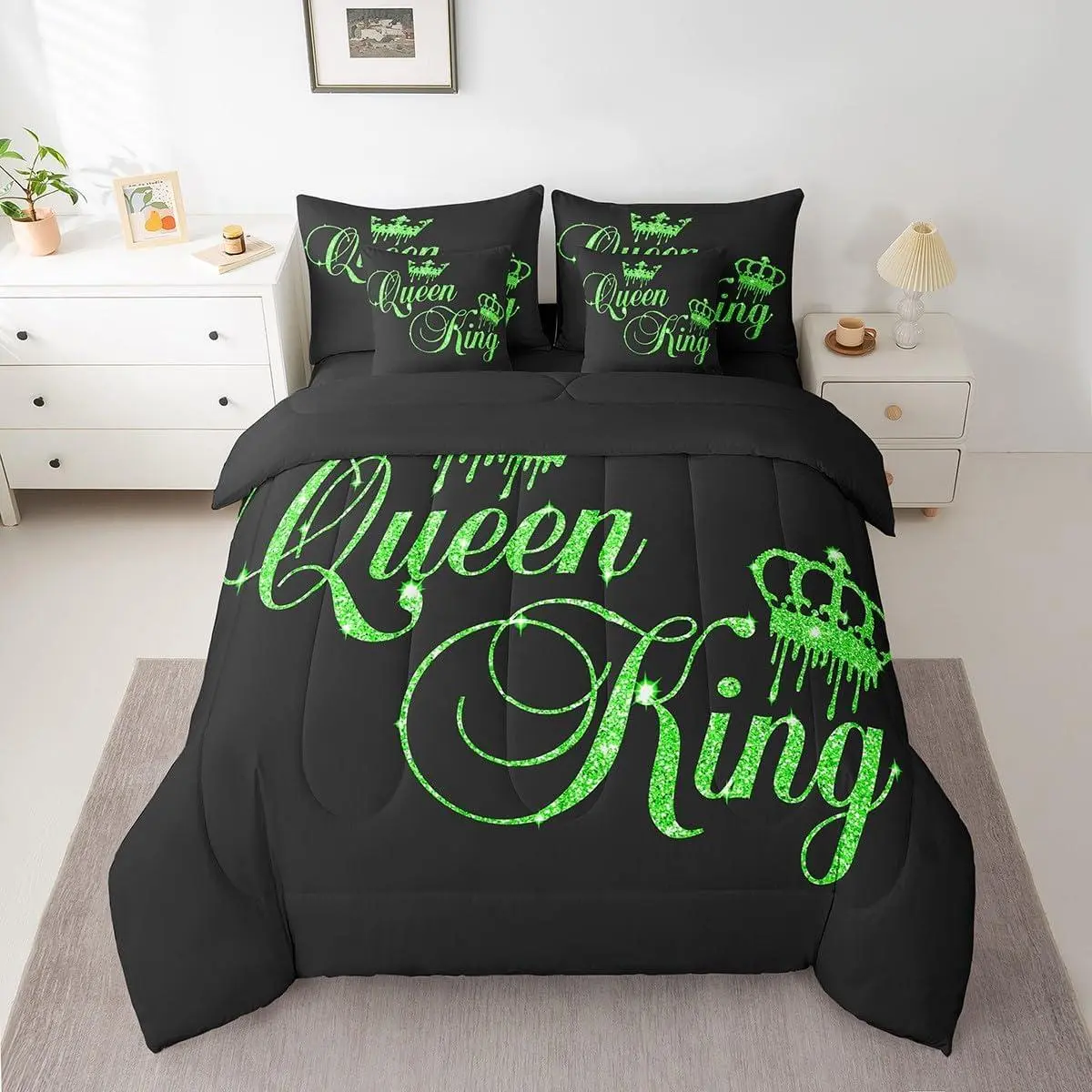 Crown and Couple Bedding Set His and Hers Bed in a Bag for Teens Women Men Black Green ,Lover Romantic Valentine's Day Decorations Bed Set All Season(No Glitter)