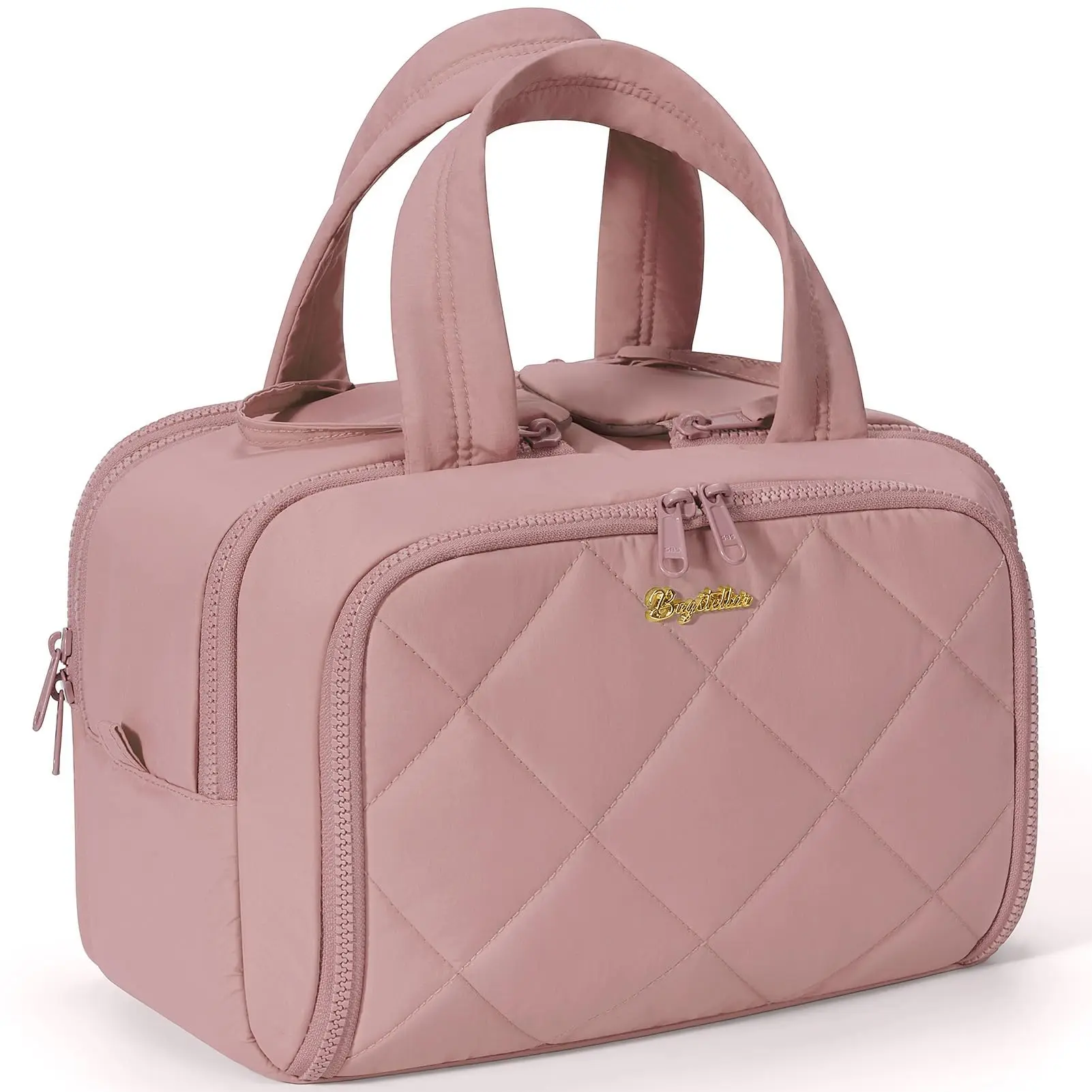 Bagstellar Double Zipper Wide-open Toiletry Bag, Lightweight Puffy Travel Bag for Women, Quilted Makeup Bag Organizer Water-resistant Cosmetic Bag with Handle for Toiletries, Essentials, Accessories,dorm essentials,home decor
