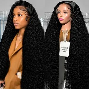 34 Inch Deep Wave Lace Front Wigs Blended Human Hair 180% Density 13x4 HD Lace Front Wigs Hair Pre Plucked Deep Curly Wig for Women Natural Black