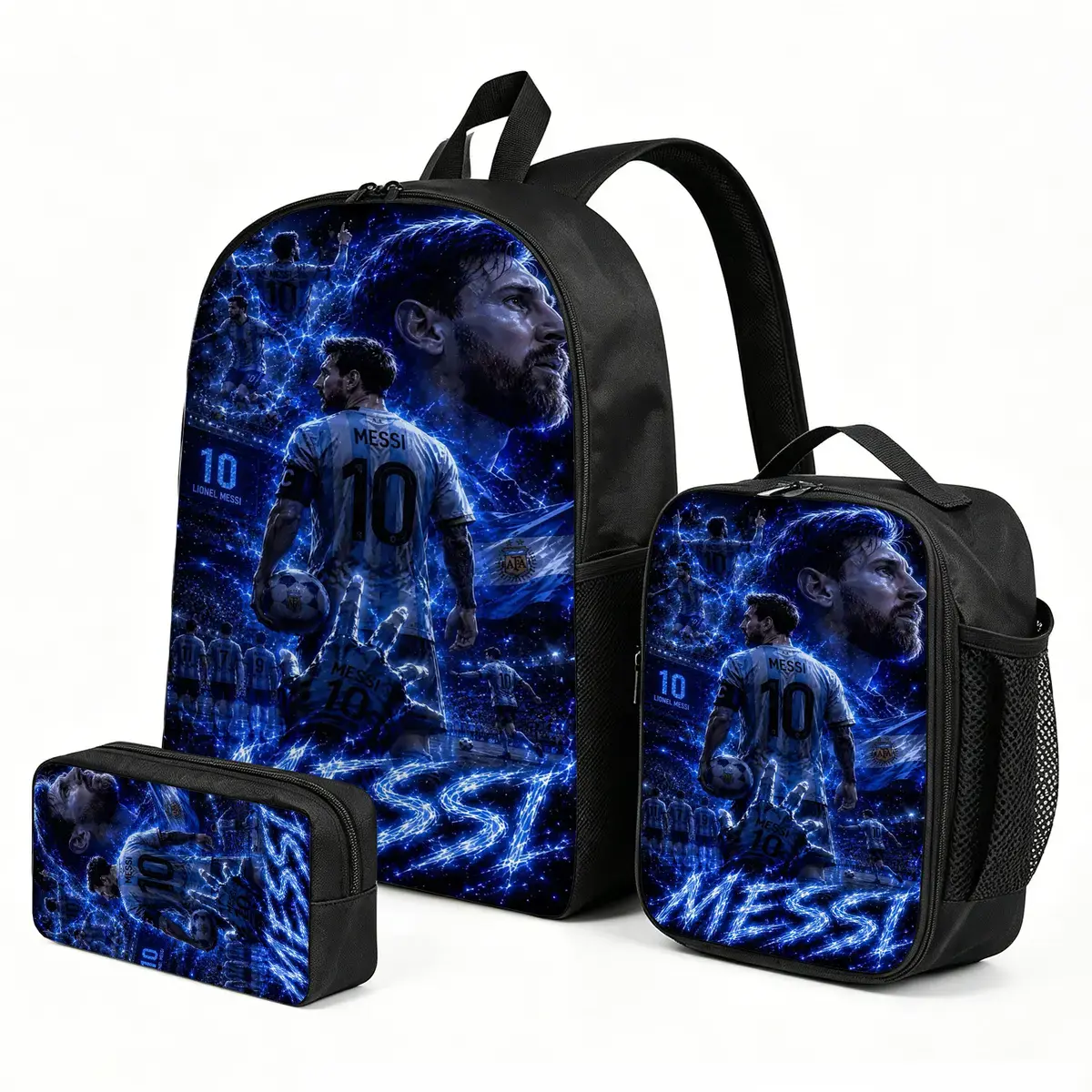 Messi 3PCS Kids Backpack Set with Insulated Lunch Bag | Theme Travel Daypack | Cute Printed School Bookbag Pencil Case Combo