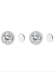 High-End Round Starry Zircon Earrings, Stainless Steel Magnetic Clip-On Ear Studs, Non Piercing Earrings, Versatile Earrings, Fashion Earrings, Elegant Jewelry for Women, Zircon Ear Clips, 1 Pair (2 Pieces)