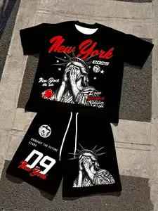 Men's 2-Piece Set New York Letter Print Round Neck Fitted T-Shirt and Shorts, Statue of Liberty 3D Print, Summer Streetwear Style Casual