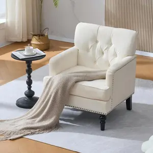 Tufted Club Chair Accent Chair Upholstered Button Armchair, Linen Fabric Sofa Chairs for Bedroom, Living Room, Mid Century Modern with Studded Reading Chair