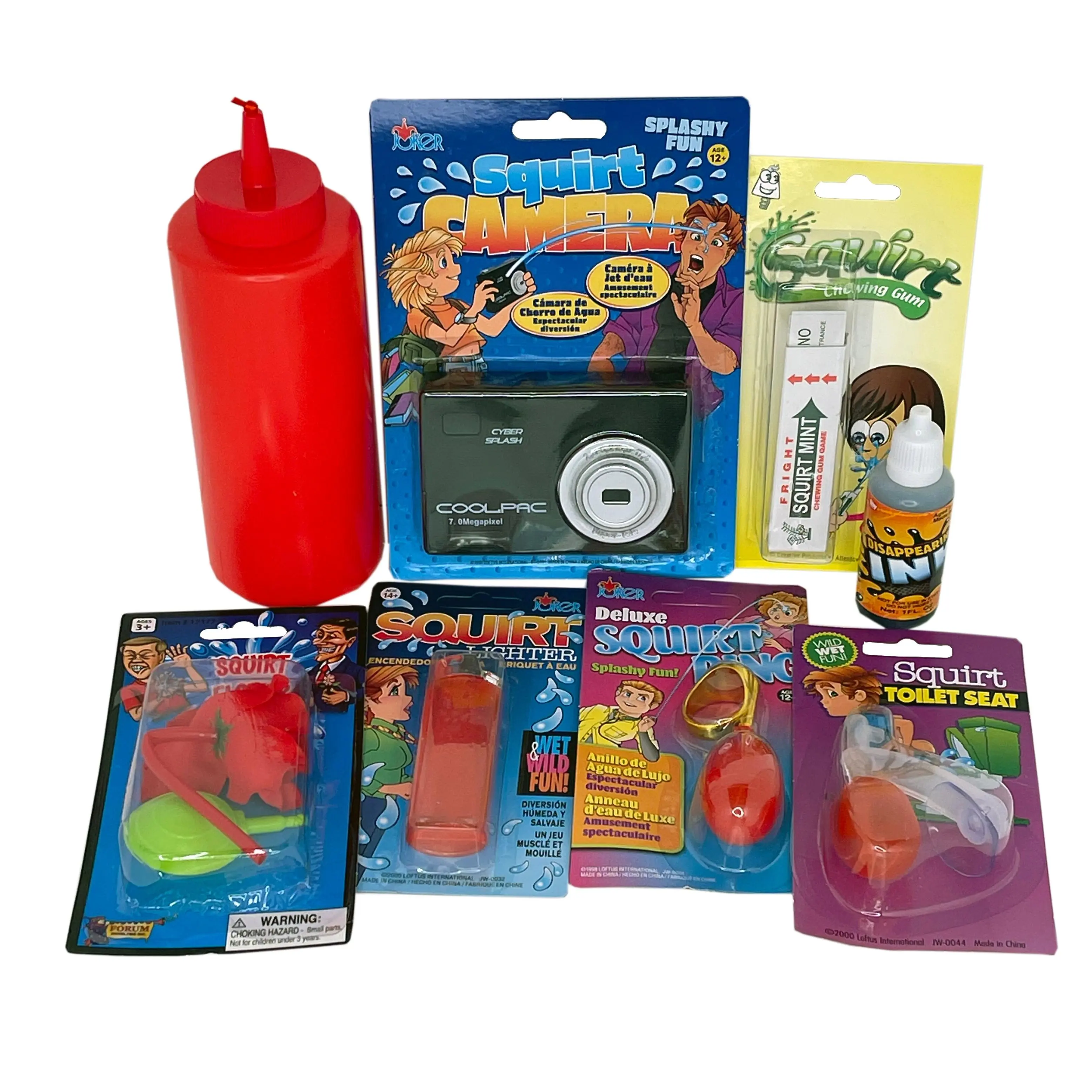 Clown Squirt Prank Kit - Ultimate Prank Set with Squirt Camera, Disappearing Ink, Squirting Catsup, Flower, Lighter, Gum, Ring & Toilet Seat Squirter for Hilarious Fun
