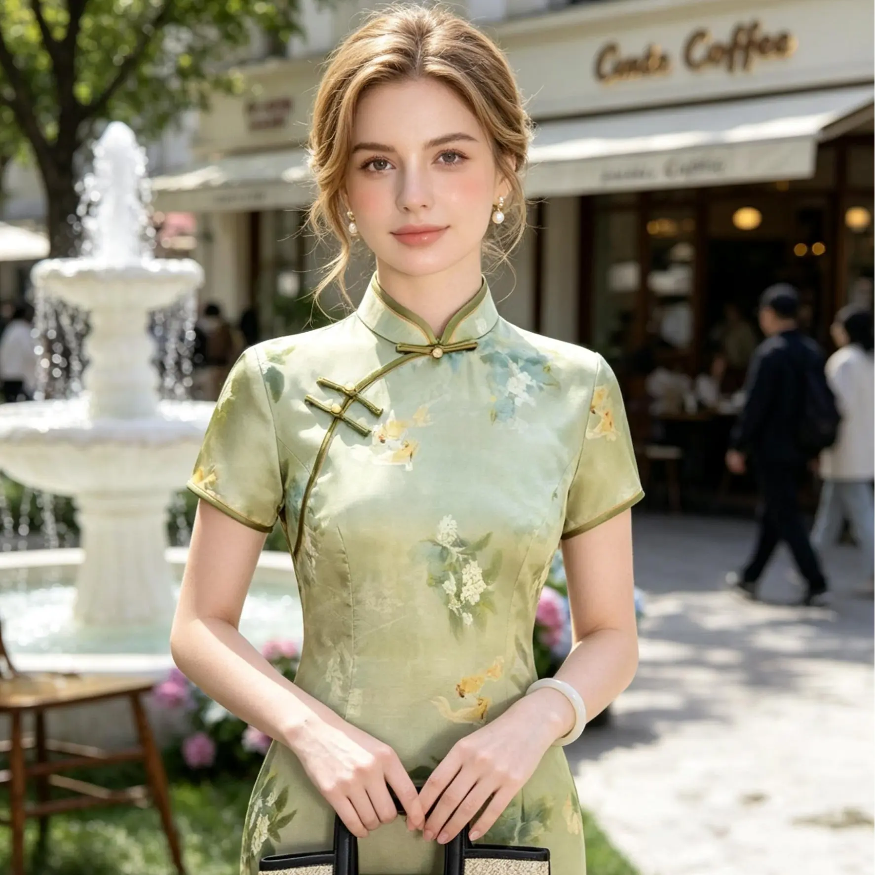 Sage Green Pure Silk Qipao/Cheongsam Dress | Watercolor Floral Elegant Midi for Brunch Soft Spring Green Silk Cheongsam - Floral Print Qipao for Garden Parties & Dates Light Green Pure Silk Qipao/Cheongsam - Elegant Midi for Spring Weddings