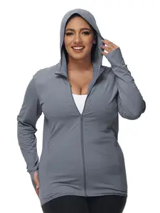 Plus Size Solid Zip Up Rashguard, Women's Long Sleeve Sun Protection Hooded Jacket, Ladies Sportswear for Indoor Outdoor Wear（gift）