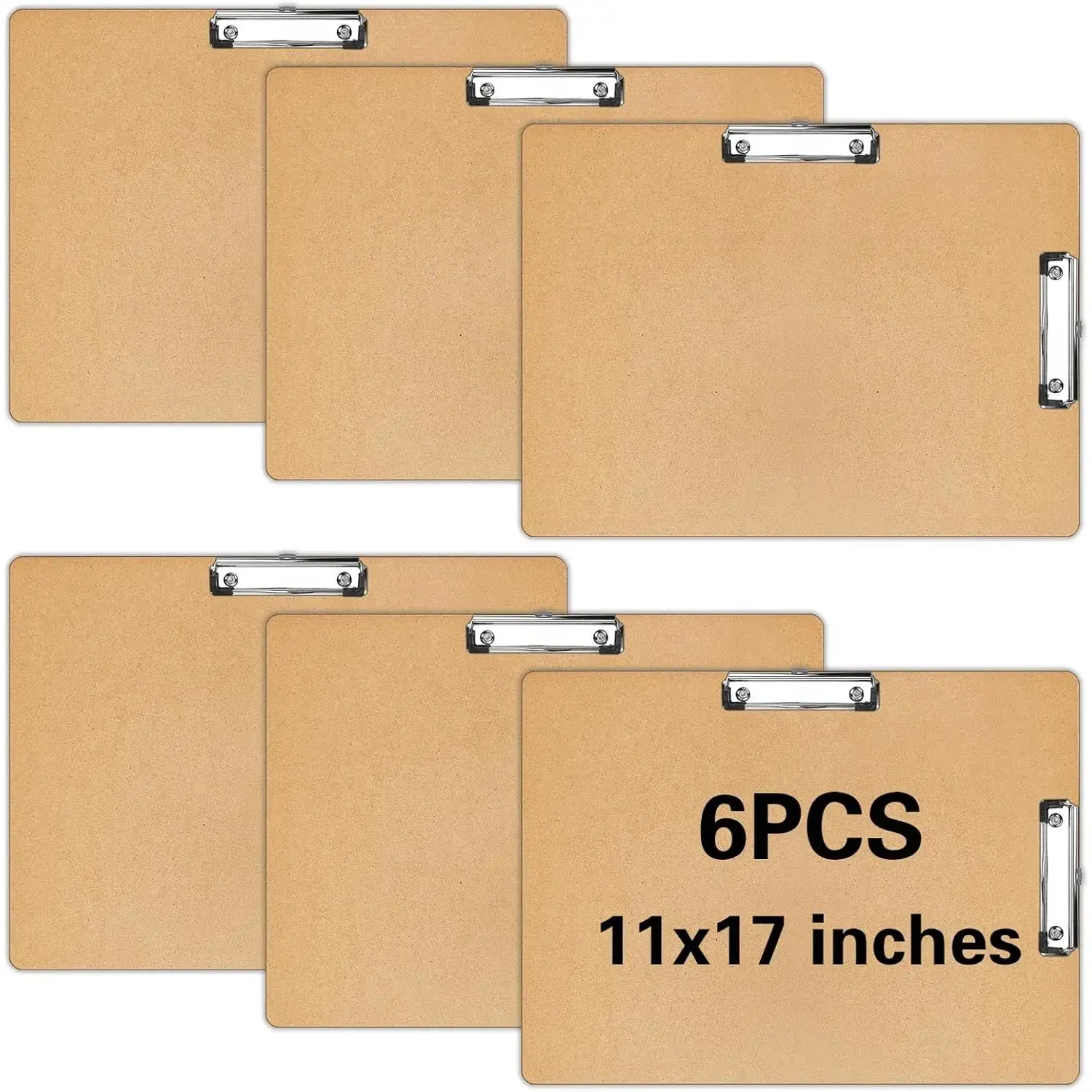 6 PCS Extra Large 11x17 In Wooden Board Clipboards - Low Profile Clips, Wood Cleats, 3Mm Thickness, Horizontal Wood Lapping, Paper Holding for Drawing, Standard Size Art Needs