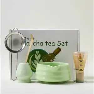Traditional Japanese 5-Pcs Ceremonial Matcha Set, Kitchenware Tea-Making Tools Including Bamboo Whisk, Ceramic Spouted Bowl, Measuring Spoon and Cup, Light Green Tea & Coffeeware fathersdaygift