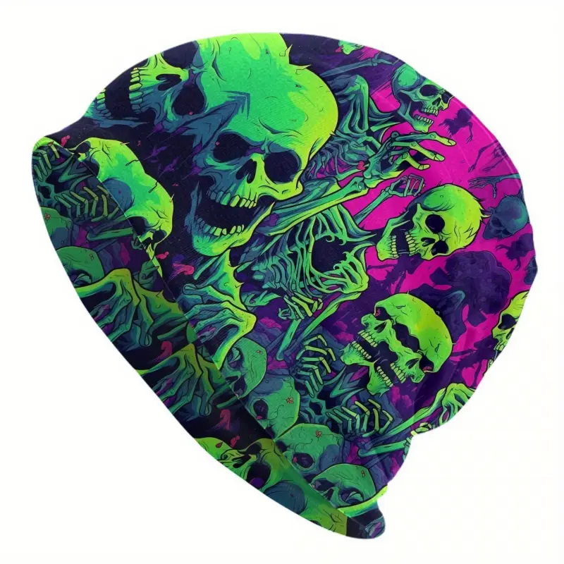 BIIHUDU Funky Skull Print Beanie for Men, Knitted Polyester Stretch Hat, Unisex Knit Cap, with 95% 5% Elastane, Halloween Zombie Theme