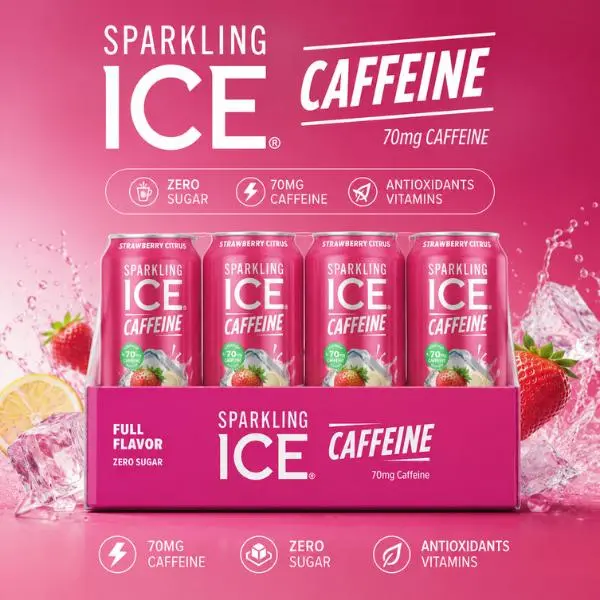 Sparkling Ice Caffeine Strawberry Citrus Sparkling Beverage – 16 fl oz Cans, 12 Pack