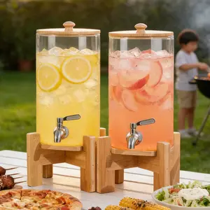 2 PCS 1.1 Gallon Drink dispenser 1.6 Gallon, 2.2 Gallon Large Water Glass Beverage Dispenser With Wood Stand for Parties With Stainless Steel Spigot, Ideal for Lemonade,Juice, Tea, and Party Drinks