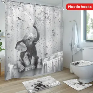 [4pcs Elephant Shower Set] 1pc/4pcs Funny Elephant Shower Curtain Set | Shower Curtain with 12 Plastic Hooks, Bathroom Anti-slip Floor Mat, Toilet U-Shaped Mat, Cover Mat, African Animals Playing In Water Cute Wild Butterfly Raindrops Wildl