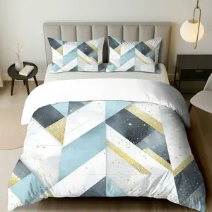 3PCS Duvet Cover Set, 1 Duvet+2 Pillowcases(Without filler), Geometric Gold Blue Abstract Modern Art theme, Christmas bedding set, Luxury Soft Comfortable Suitable for decoration Bedroom, Guest Room, Hotel, Airbnb.